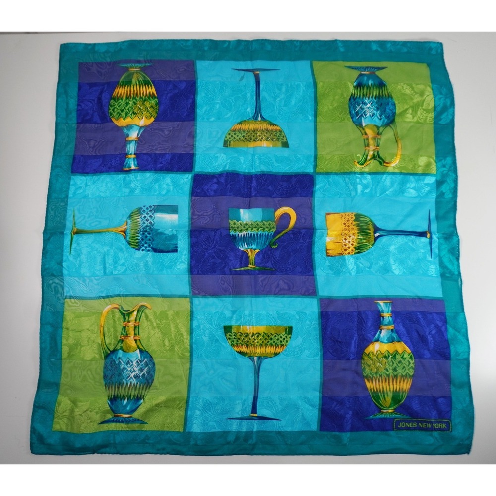 Vintage Jones New York 100% Silk Square Scarf Cut Crystal Glass Grid Blue Green